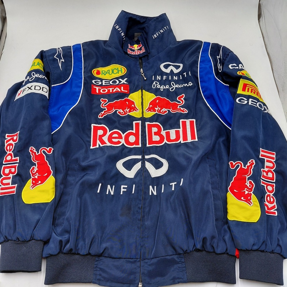 Red Bull Racing F1 Infiniti Bomber Jacket Navy Blue Mens L Advertising Sponsors